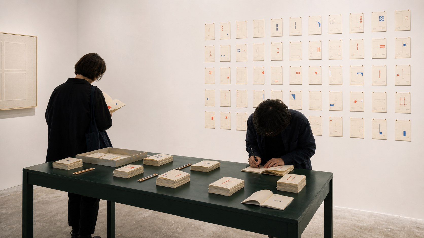 AI-generated installation study of Pasaporte de Forma: visitors work with field passports at a forest-green table facing a wall archive.