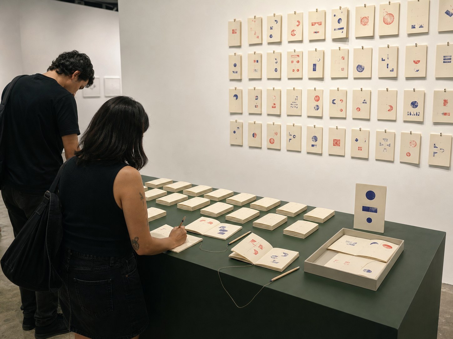 AI-generated installation study of Pasaporte de Forma: visitors using Pasaporte de Forma at a forest-green table and wall archive.
